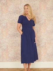 Yumi Blue Double 100% Cotton Ruched Midi Dress - Image 3 of 4