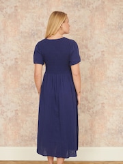 Yumi Blue Double 100% Cotton Ruched Midi Dress - Image 4 of 4