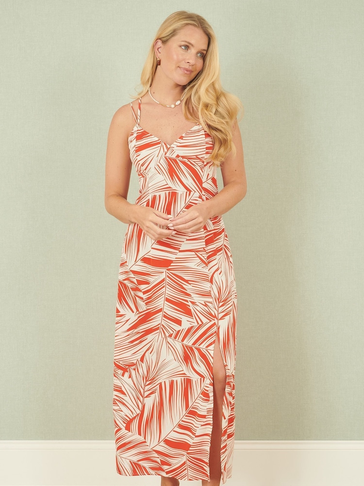 Yumi Orange Leaf Print Maxi Dress With Cross Back - Image 1 of 5