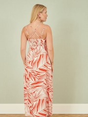 Yumi Orange Leaf Print Maxi Dress With Cross Back - Image 4 of 5