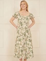 Yumi Natural Cotton Palm Print Ruched Midi Dress - Image 1 of 5