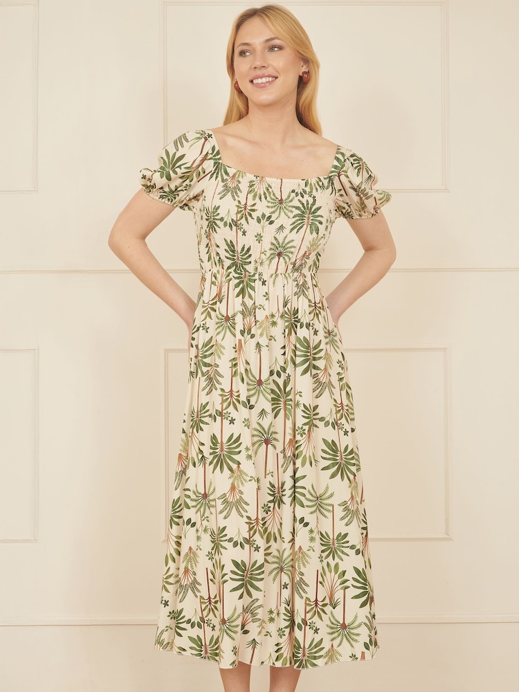 Yumi Natural Cotton Palm Print Ruched Midi Dress - Image 1 of 5