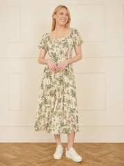 Yumi Natural Cotton Palm Print Ruched Midi Dress - Image 2 of 5