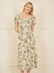 Yumi Natural Cotton Palm Print Ruched Midi Dress - Image 3 of 5
