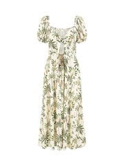 Yumi Natural Cotton Palm Print Ruched Midi Dress - Image 5 of 5