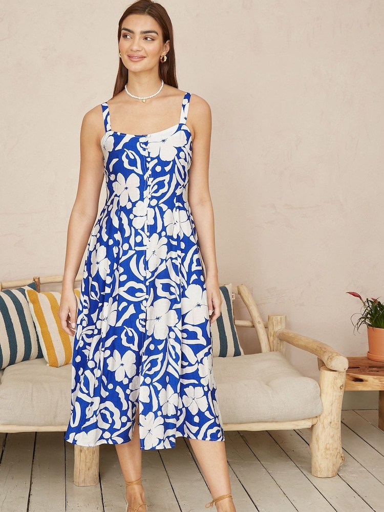 Yumi Blue Floral Button Through Midi Dress - Image 2 of 5