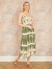 Yumi Green Viscose Paisley Print Lace Trim Midi Sun Dress - Image 1 of 5