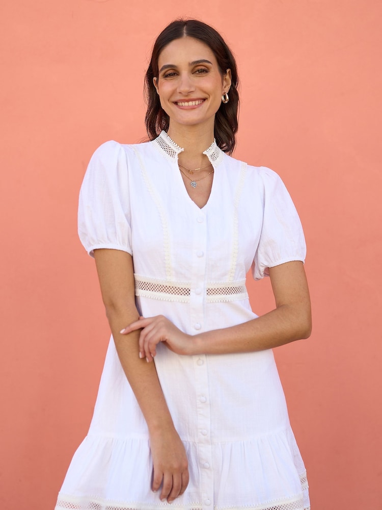 Yumi White Cotton Lace Trim Skater Shirt Dress - Image 1 of 5