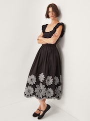 Monsoon Black Ella Frill Floral Embroidered Midi Dress - Image 1 of 5