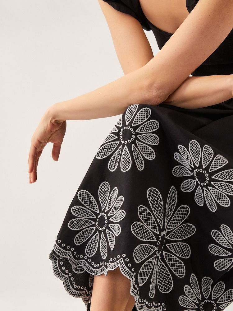 Monsoon Black Ella Frill Floral Embroidered Midi Dress - Image 2 of 5