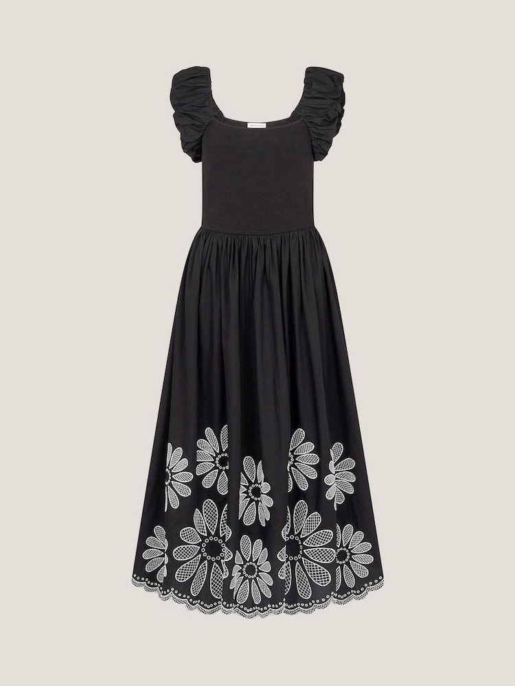 Monsoon Black Ella Frill Floral Embroidered Midi Dress - Image 5 of 5