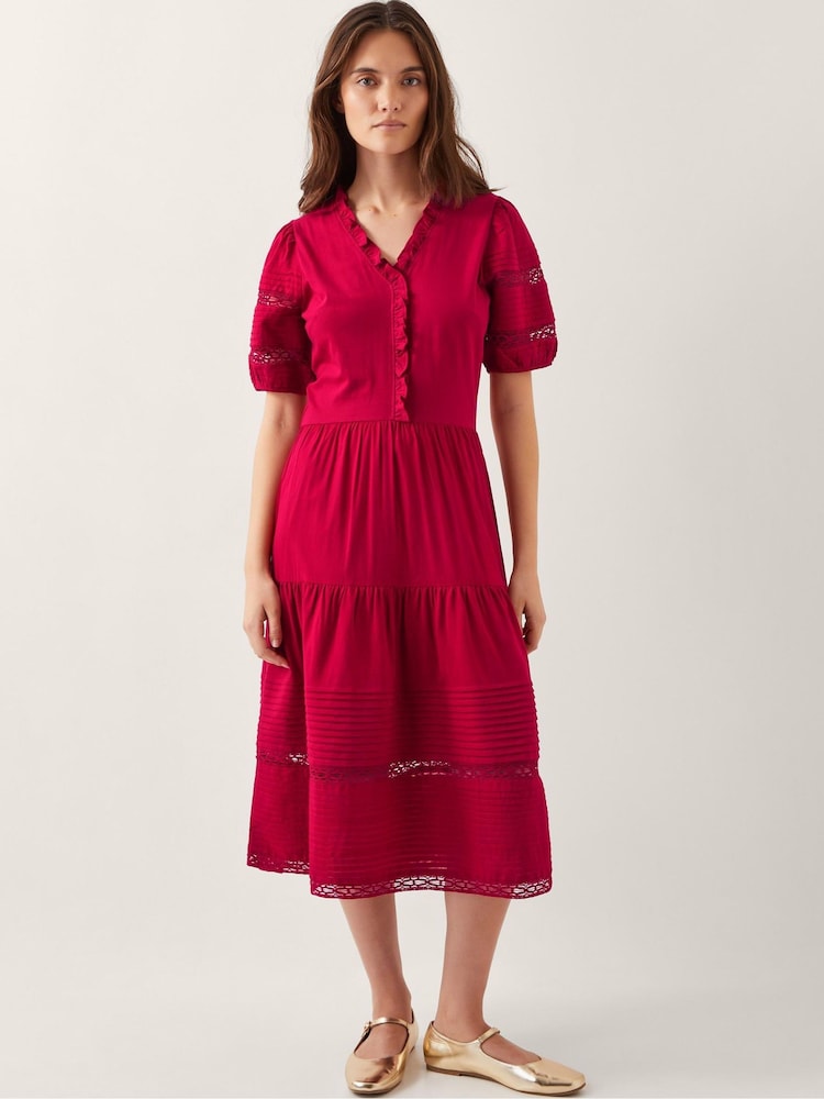 Monsoon Red Wendy Tiered Midi 100% Cotton Dress - Image 1 of 5