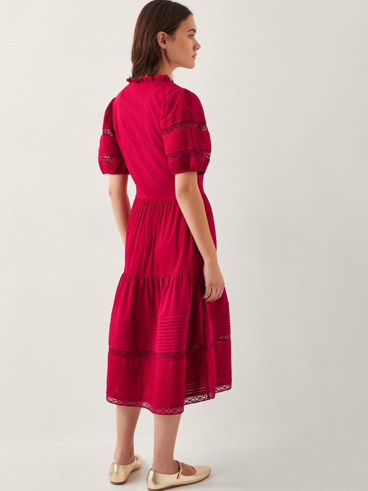 Monsoon Red Wendy Tiered Midi 100% Cotton Dress - Image 2 of 5