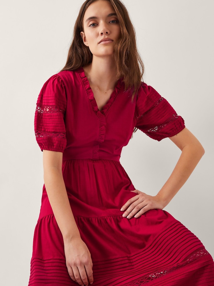 Monsoon Red Wendy Tiered Midi 100% Cotton Dress - Image 3 of 5