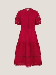 Monsoon Red Wendy Tiered Midi 100% Cotton Dress - Image 5 of 5