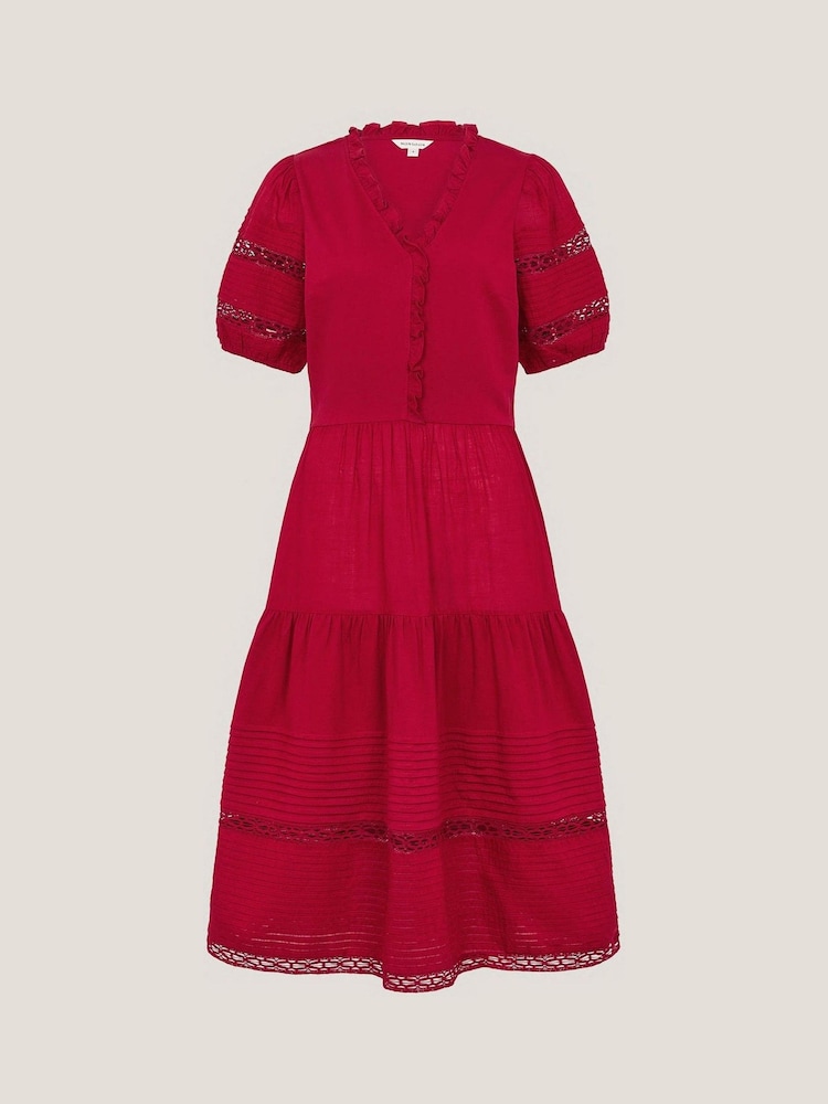 Monsoon Red Wendy Tiered Midi 100% Cotton Dress - Image 5 of 5