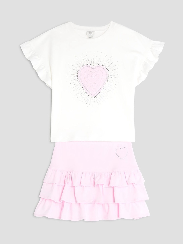 River Island Pink Heart 100% Cotton T-Shirt and Rara Skirt Set - Image 5 of 5