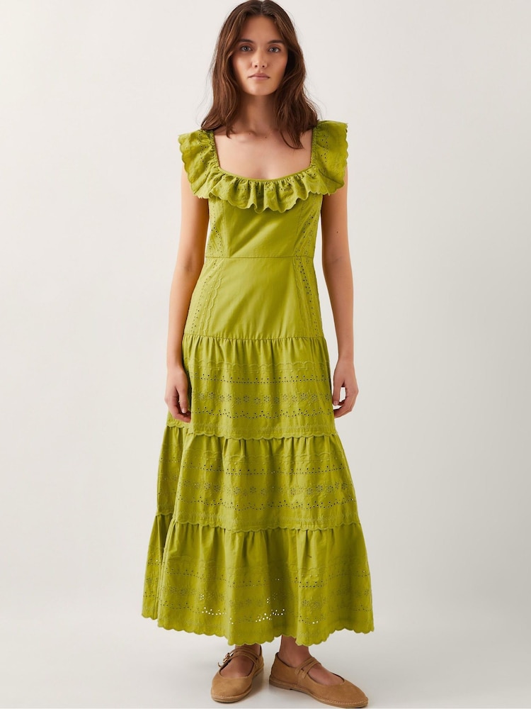 Monsoon Green Lucy Broderie Frill Midi Dress - Image 1 of 5