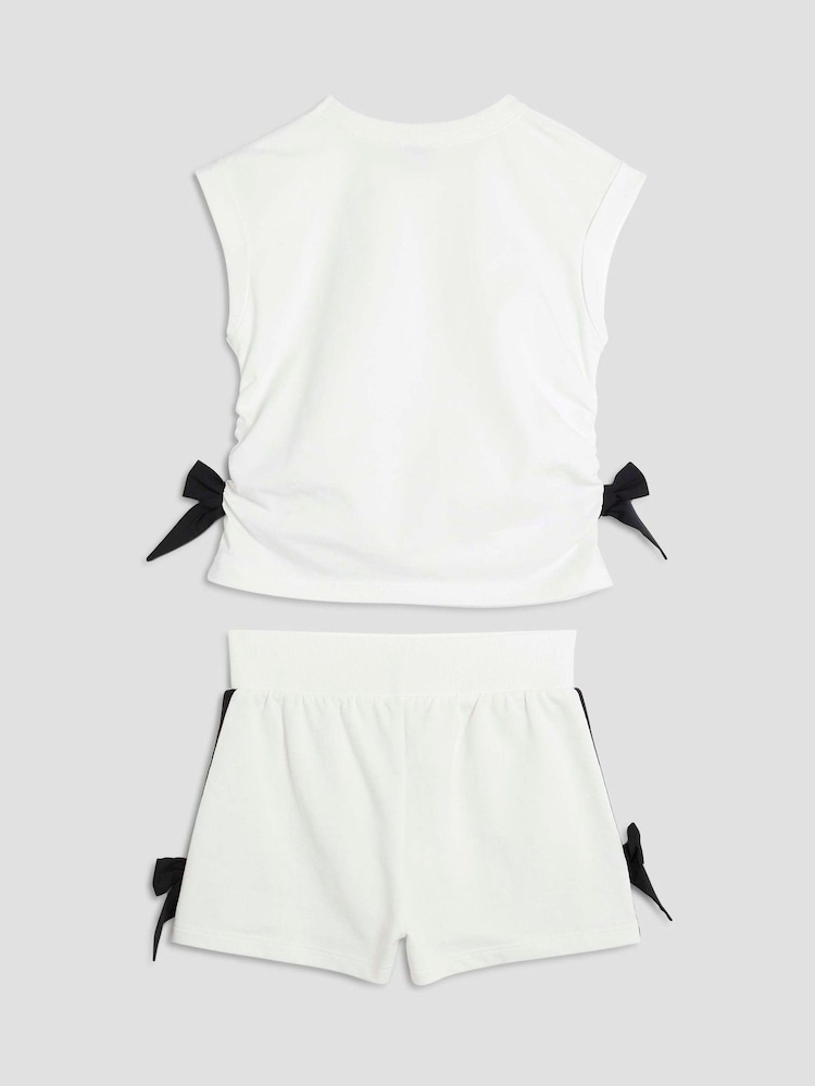 River Island White Girls 100% Cotton Mono Bow Shorts Set - Image 2 of 4