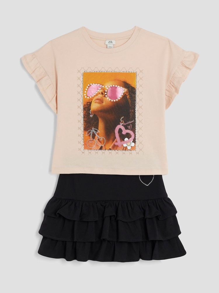 River Island Black Girls 100% Cotton T-Shirt and RaRa Skirt Set - Image 1 of 5