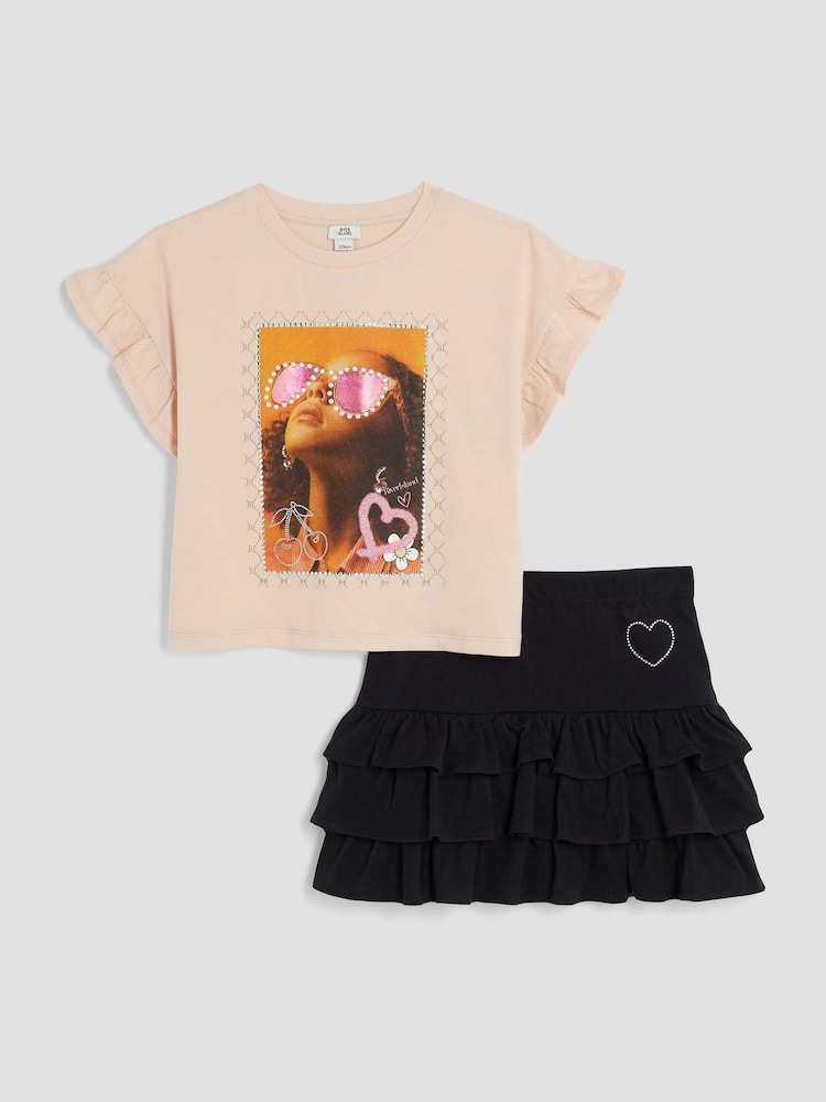 River Island Black Girls 100% Cotton T-Shirt and RaRa Skirt Set - Image 5 of 5