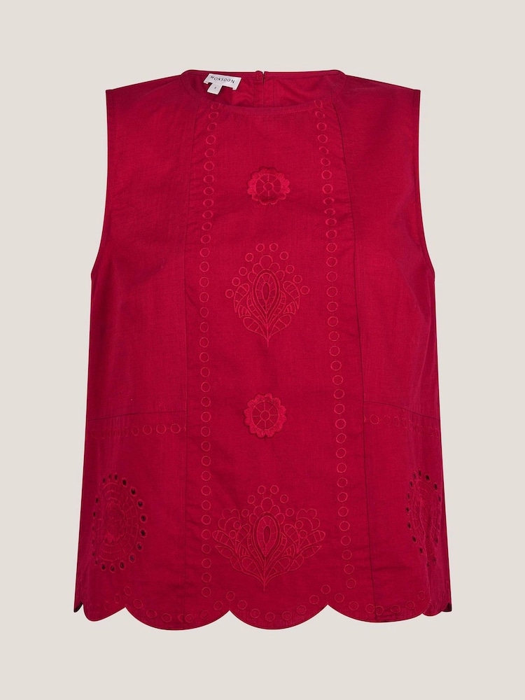 Monsoon Red Orla Broderie Tank 100% Cotton Top - Image 6 of 6