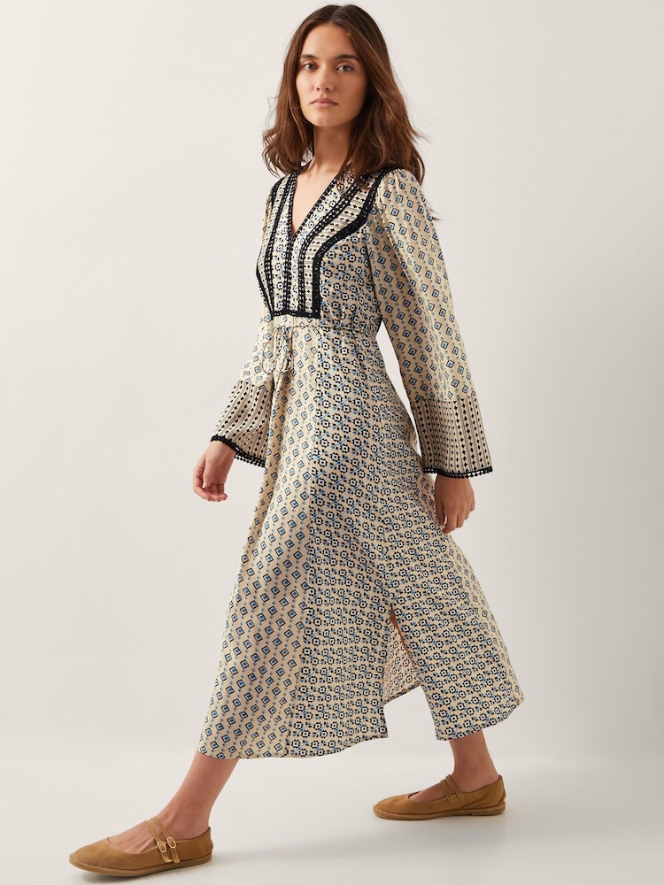 Monsoon Natural Jemmie Print Long Sleeve Midi Dress - Image 1 of 5