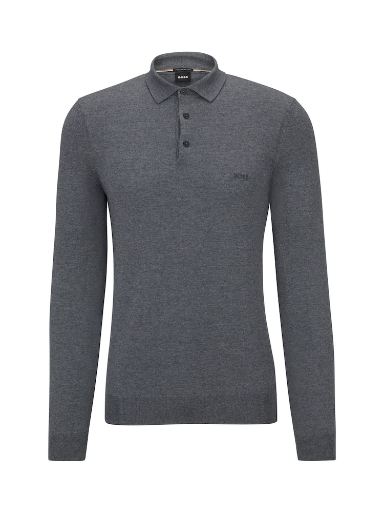 BOSS Grey Regular Fit Bono Long Sleeve Knitted Polo Shirt - Image 1 of 1