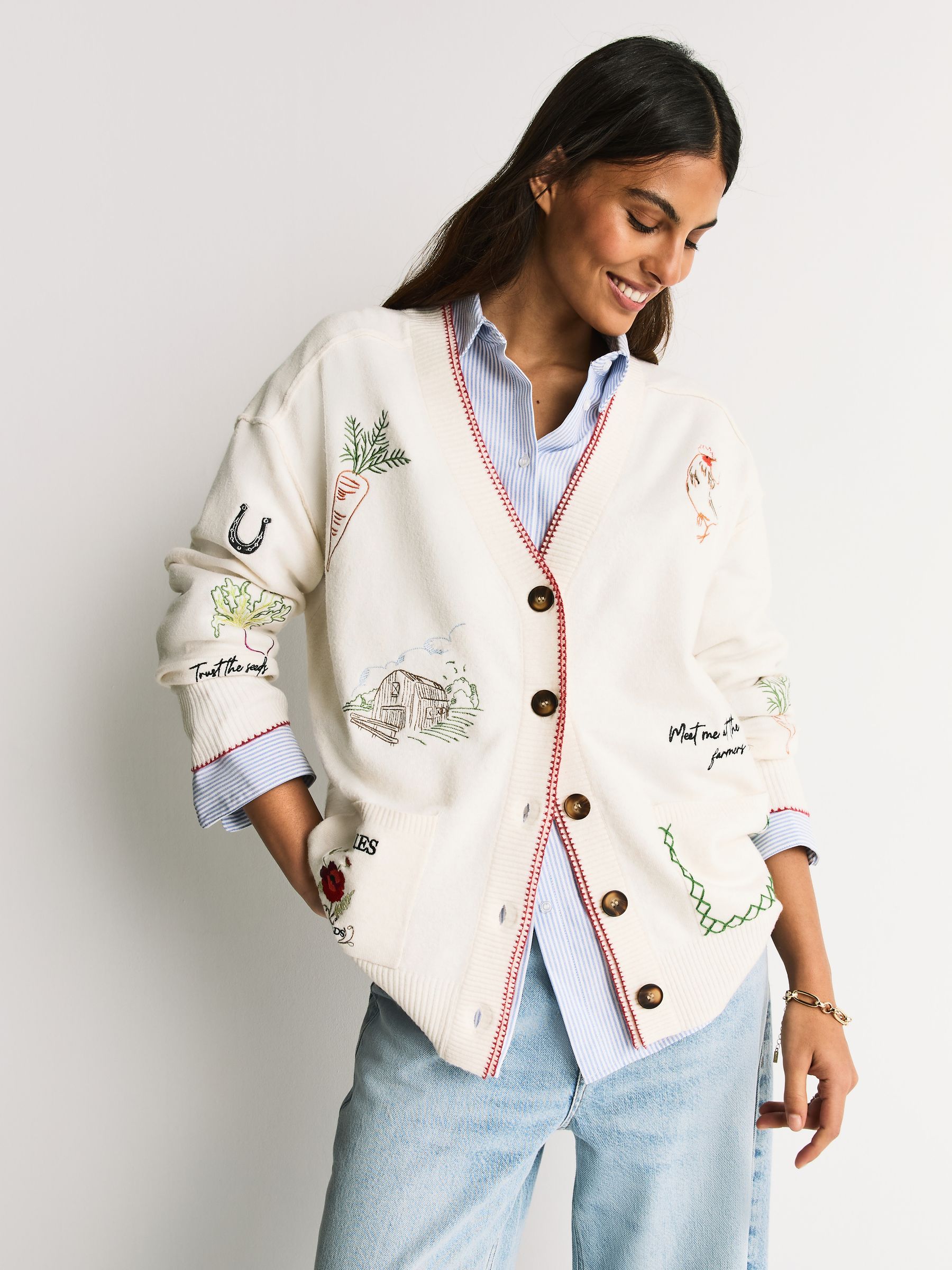 Buy Ecru Embroidered Supersoft V-Neck Cardigan With Pockets from