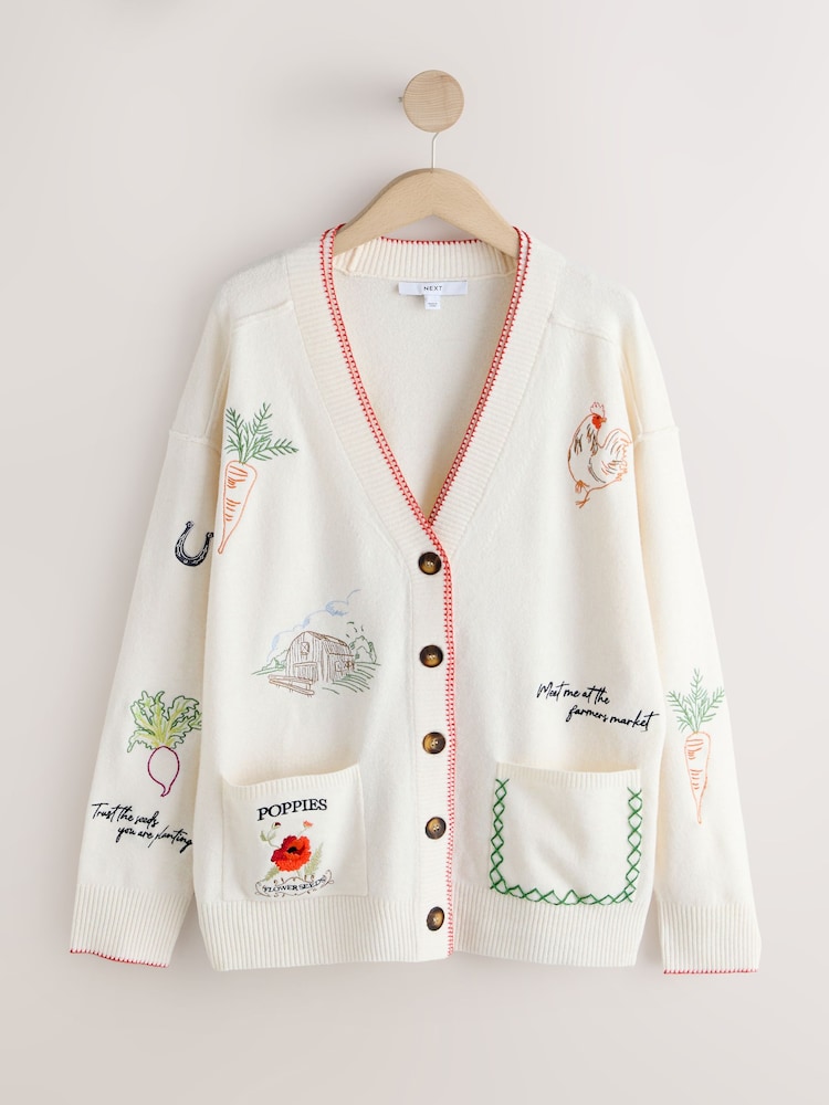 Ecru Embroidered Supersoft V-Neck Cardigan With Pockets - Image 1 of 4 Ecru Embroidered Supersoft V-Neck Cardigan With Pockets - Image 1 of 4