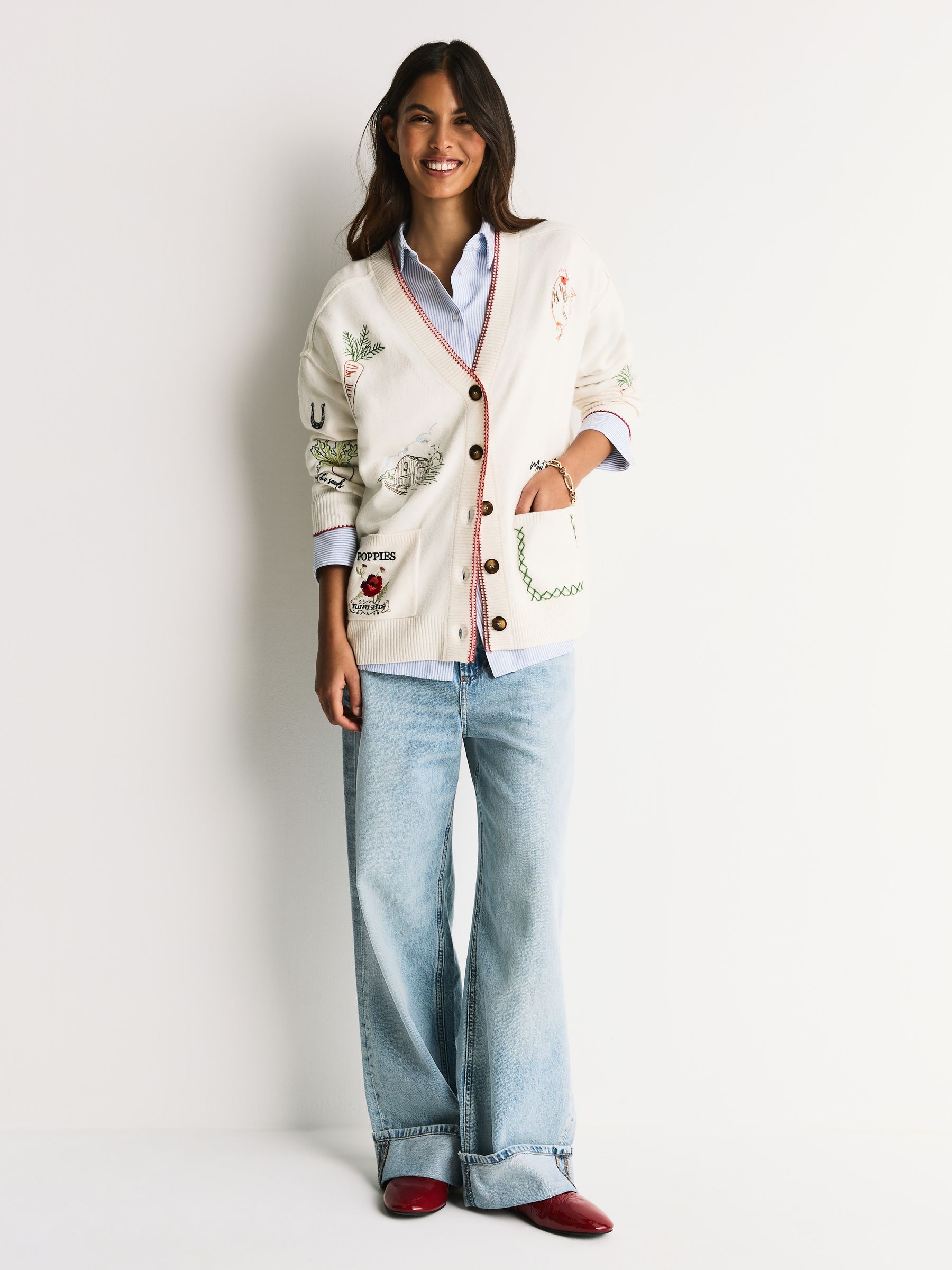 Buy Ecru Embroidered Supersoft V-Neck Cardigan With Pockets from