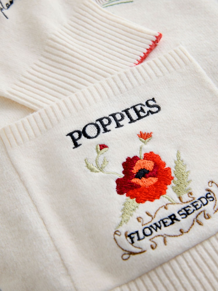 Ecru Embroidered Supersoft V-Neck Cardigan With Pockets - Image 2 of 4 Ecru Embroidered Supersoft V-Neck Cardigan With Pockets - Image 2 of 4