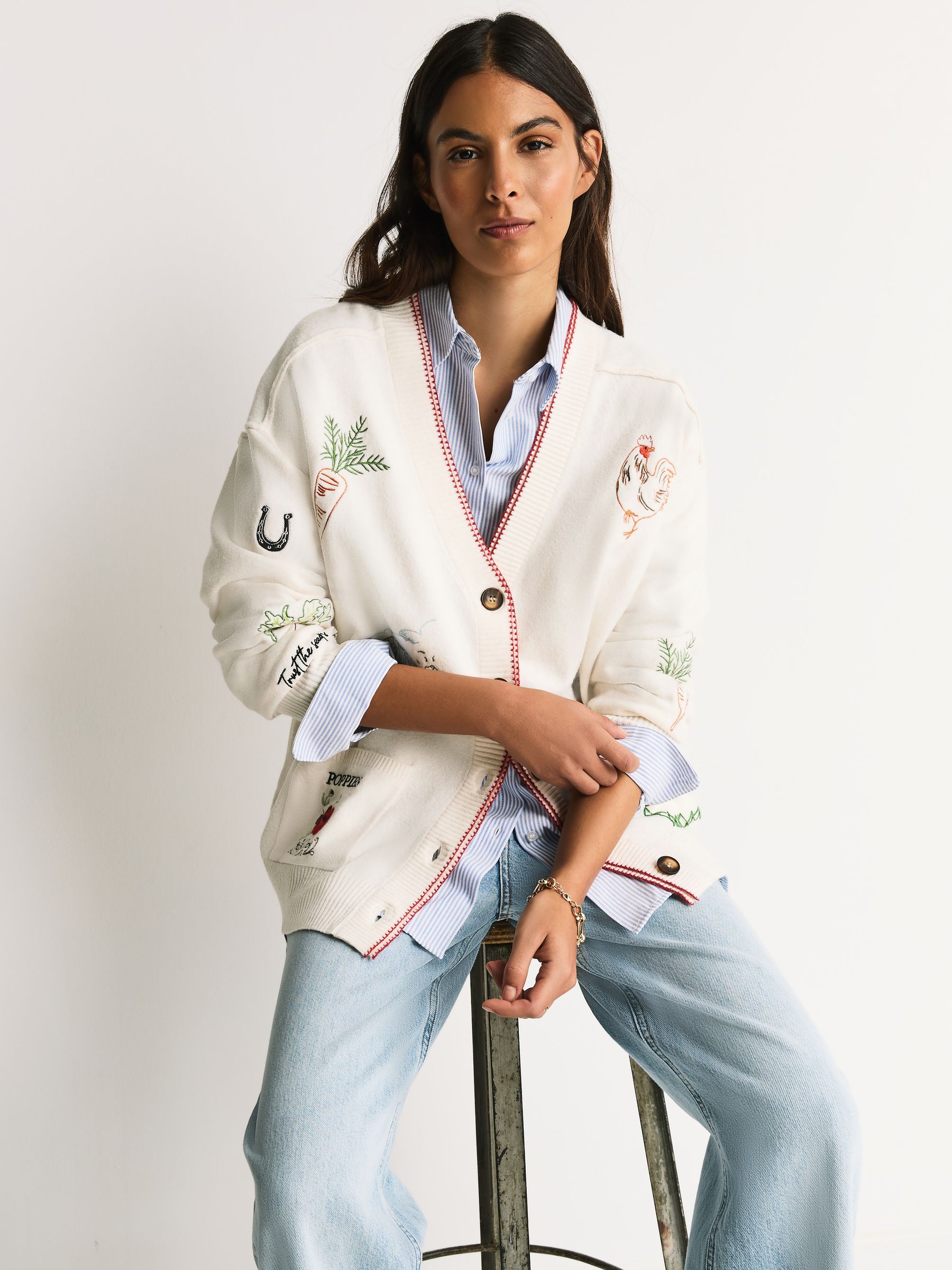 Buy Ecru Embroidered Supersoft V-Neck Cardigan With Pockets from