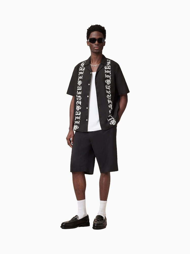 AllSaints Black Scripture Short Sleeve 100% Organic Cotton Shirt - Image 1 of 6