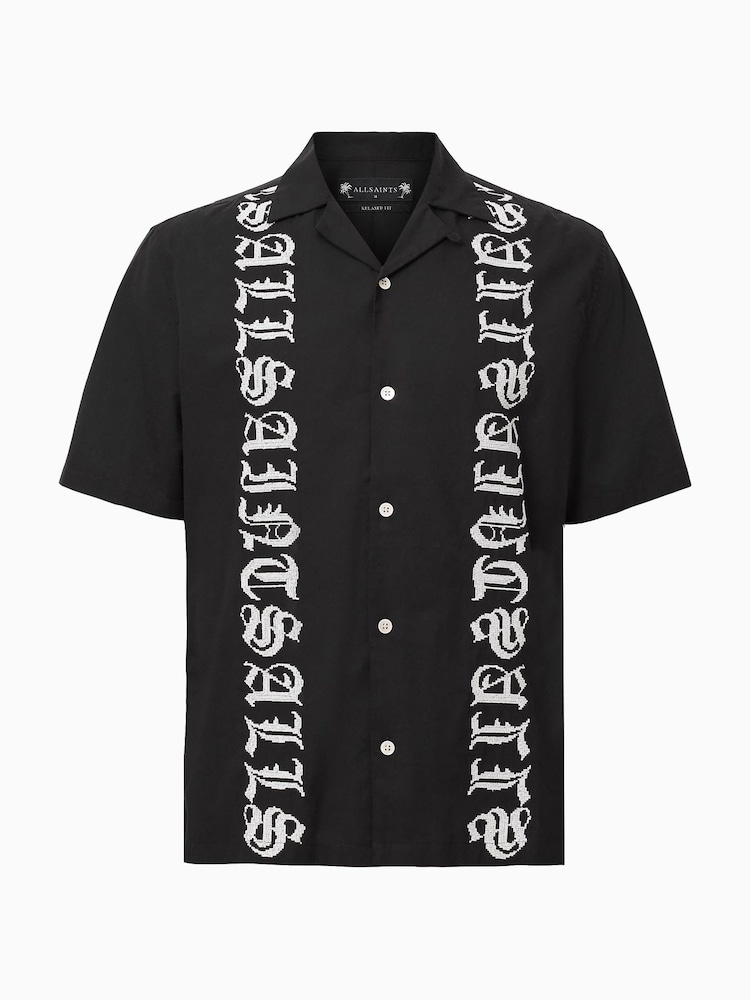 AllSaints Black Scripture Short Sleeve 100% Organic Cotton Shirt - Image 6 of 6