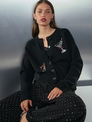 Black Embroidered Martini Lipstick Cardigan Christmas Jumper - Image 1 of 8