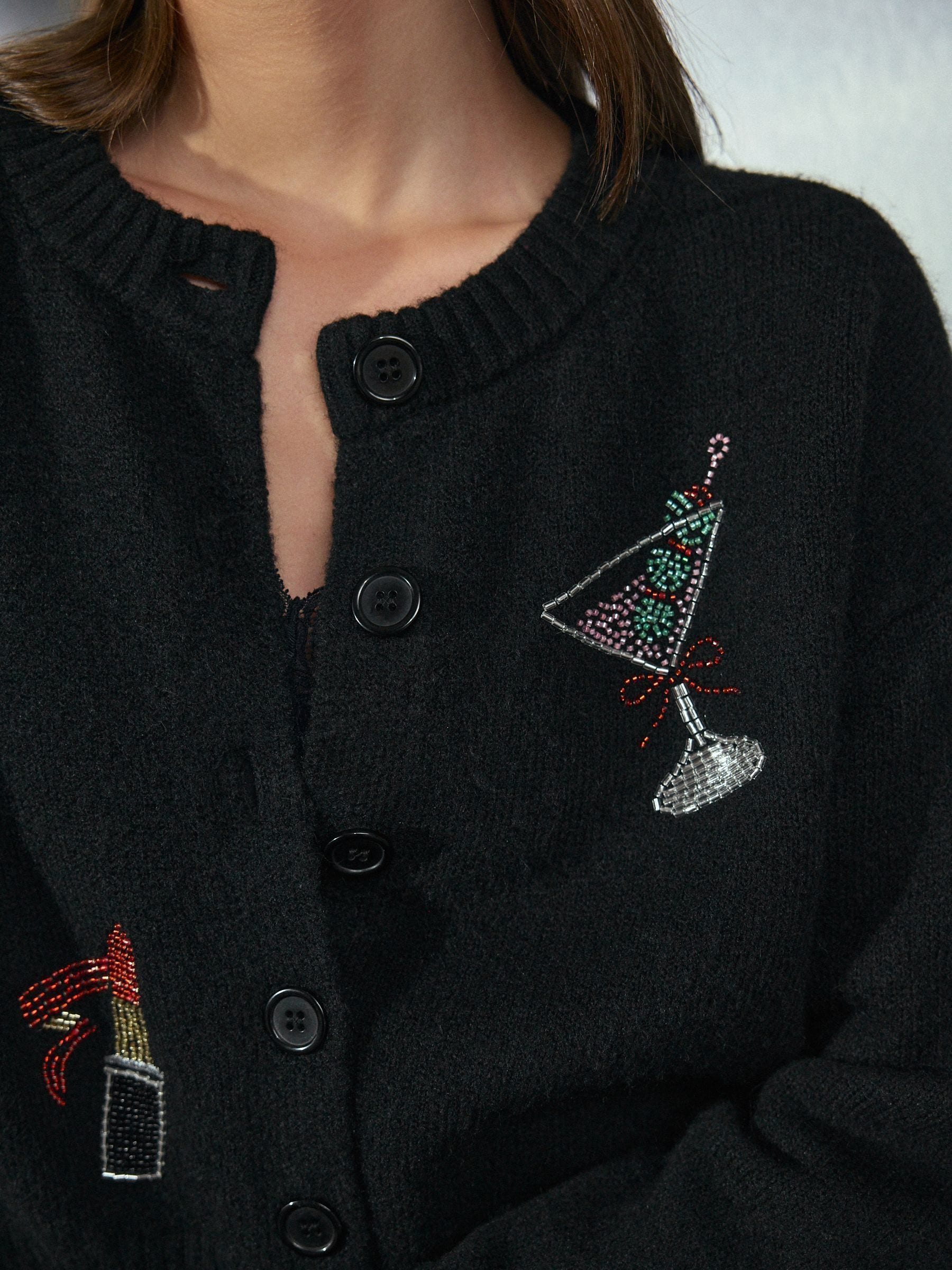 Buy Black Embroidered Cocktail Lipstick Crew Neck Knitted Cardigan