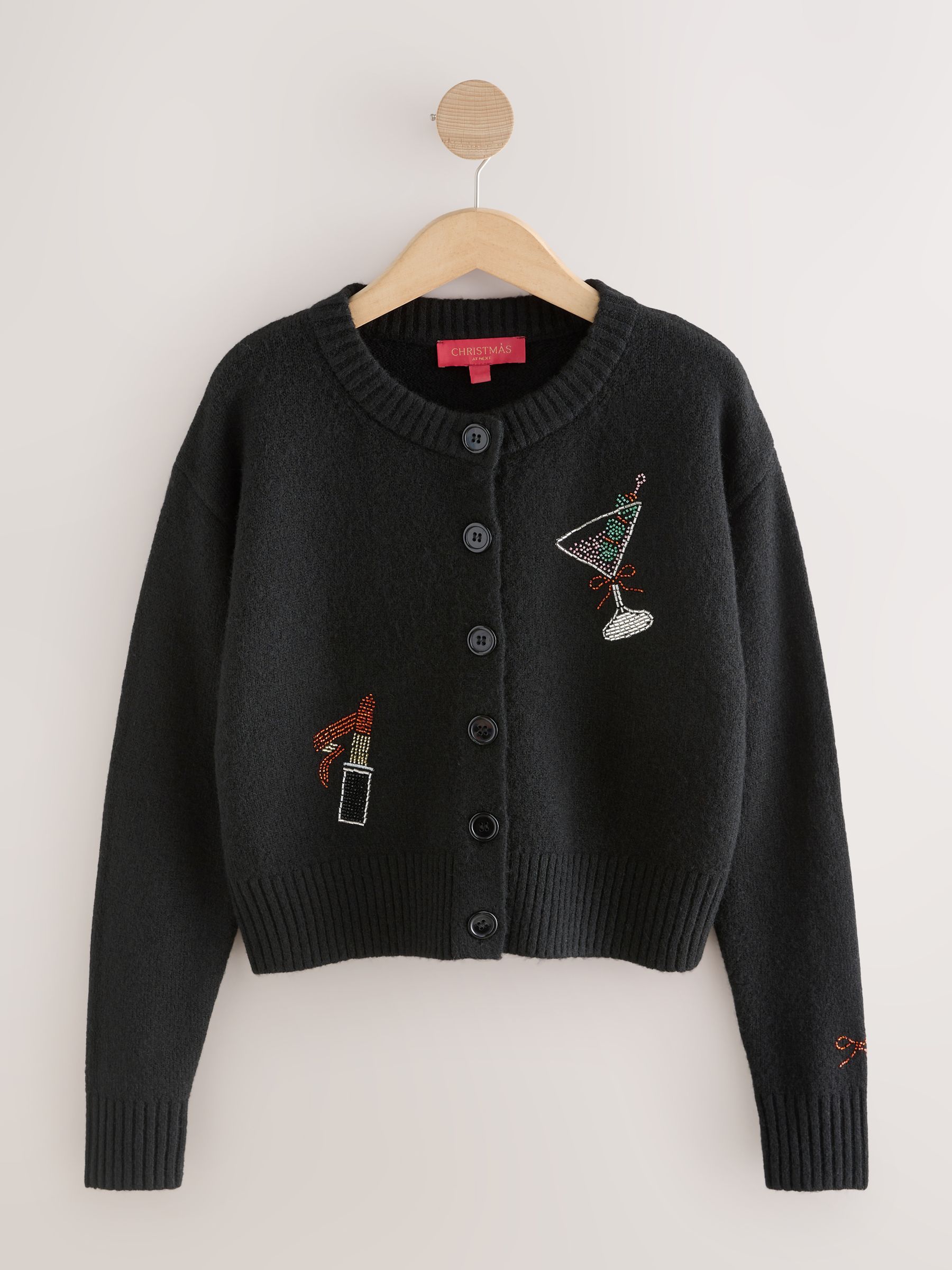 Buy Black Embroidered Cocktail Lipstick Crew Neck Knitted Cardigan
