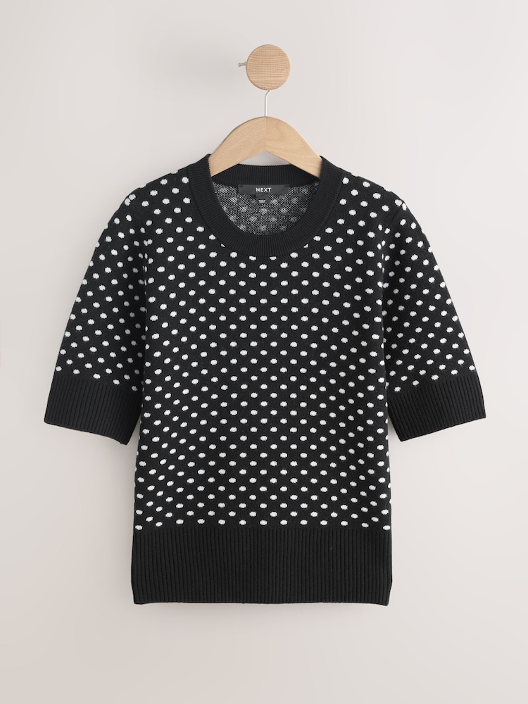 Black Polka Dot Supersoft Short Sleeve Knitted Top - Image 1 of 3 Black Polka Dot Supersoft Short Sleeve Knitted Top - Image 1 of 3