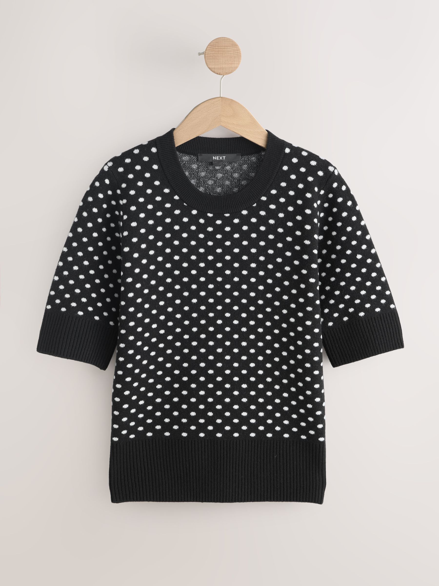 Buy Black Polka Dot Supersoft Short Sleeve Knitted Top from the