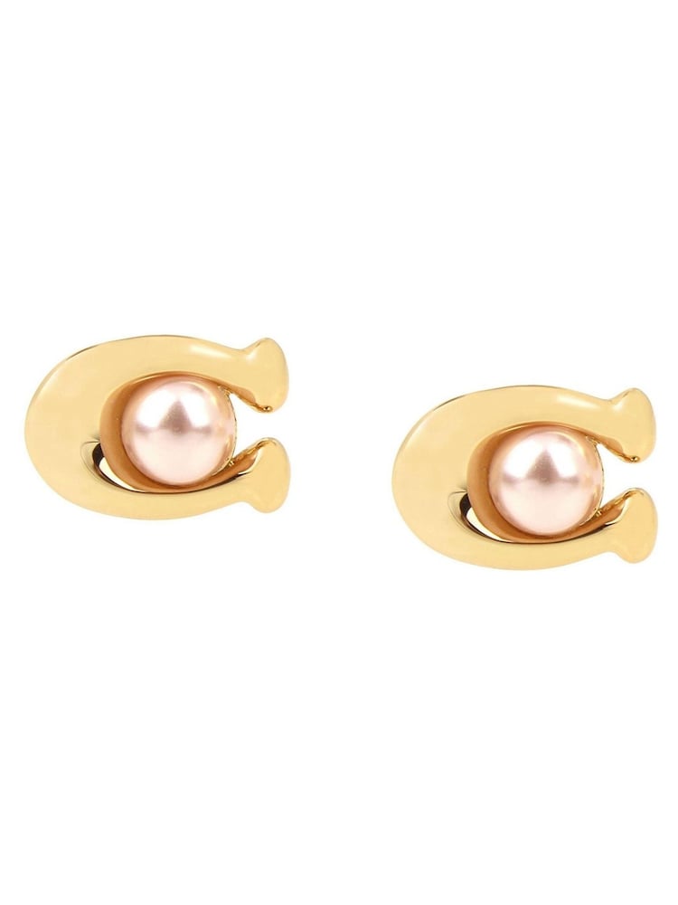 COACH Gold Tone Pearl Signature C Stud Earrings - Image 2 of 4