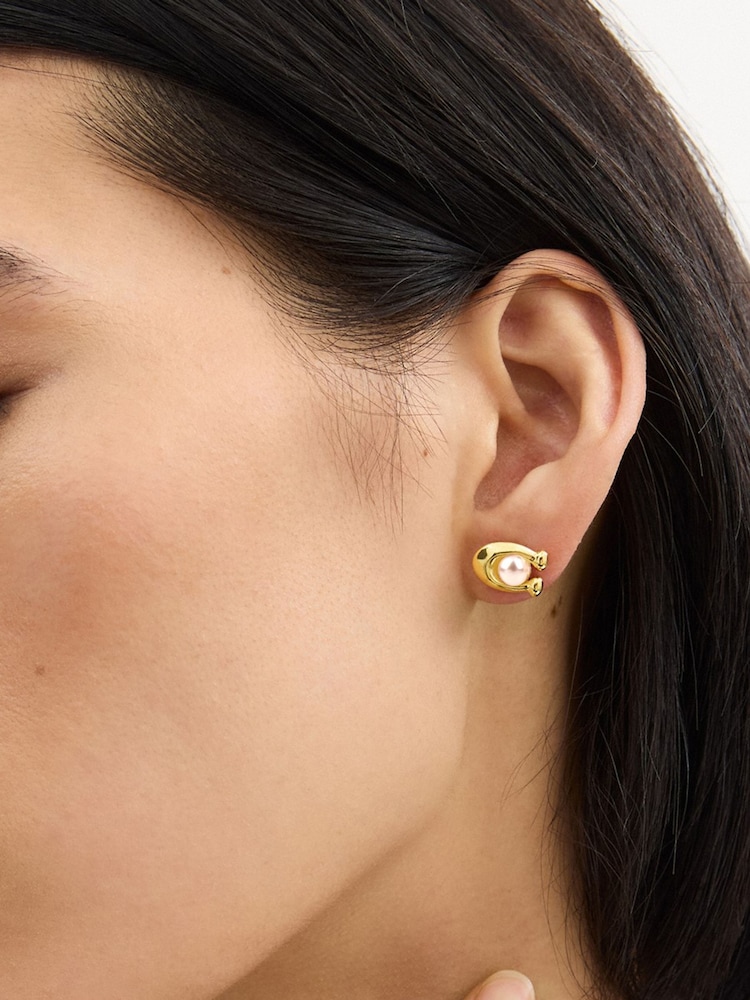 COACH Gold Tone Pearl Signature C Stud Earrings - Image 4 of 4