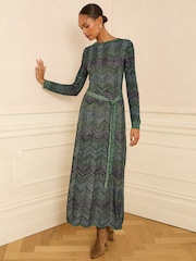 Love & Roses Teal Blue Chevron Wide Neck Lurex Knitted Dress - Image 1 of 4