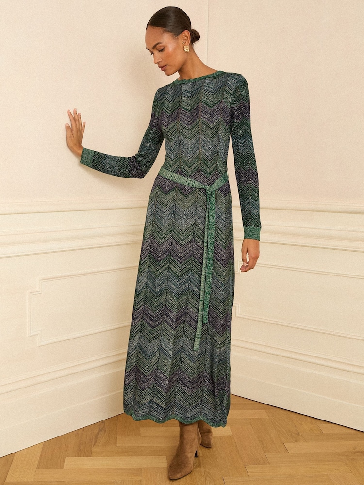 Love & Roses Teal Blue Chevron Wide Neck Lurex Knitted Dress - Image 1 of 4