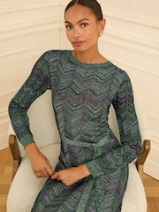 Love & Roses Teal Blue Chevron Wide Neck Lurex Knitted Dress - Image 2 of 4