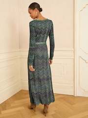 Love & Roses Teal Blue Chevron Wide Neck Lurex Knitted Dress - Image 4 of 4