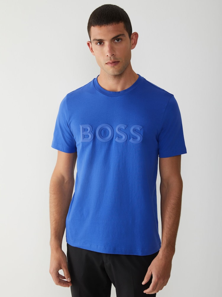 BOSS Blue Iconic Zone Embossed Logo Stripe Detail T-Shirt - Image 1 of 5 BOSS Blue Iconic Zone Embossed Logo Stripe Detail T-Shirt - Image 1 of 5