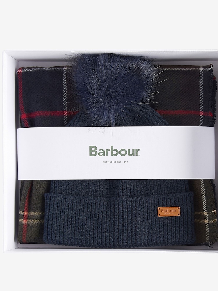 Barbour Green Tartan Dover Pom Beanie Hat & Scarf Gift Box Set - Image 1 of 5
