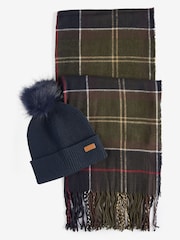 Barbour Green Tartan Dover Pom Beanie Hat & Scarf Gift Box Set - Image 3 of 5