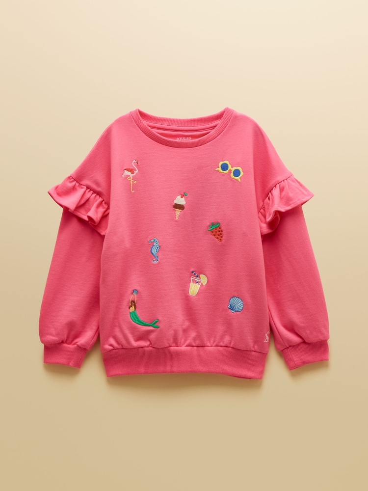 Joules Girls' Pink Frill Sleeve Crew Neck Sweatshirt - Image 1 of 5 Joules Girls' Pink Frill Sleeve Crew Neck Sweatshirt - Image 1 of 5
